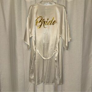 White satin robe with Gold “Bride” on back bridal, wedding day, honeymoon, vacay